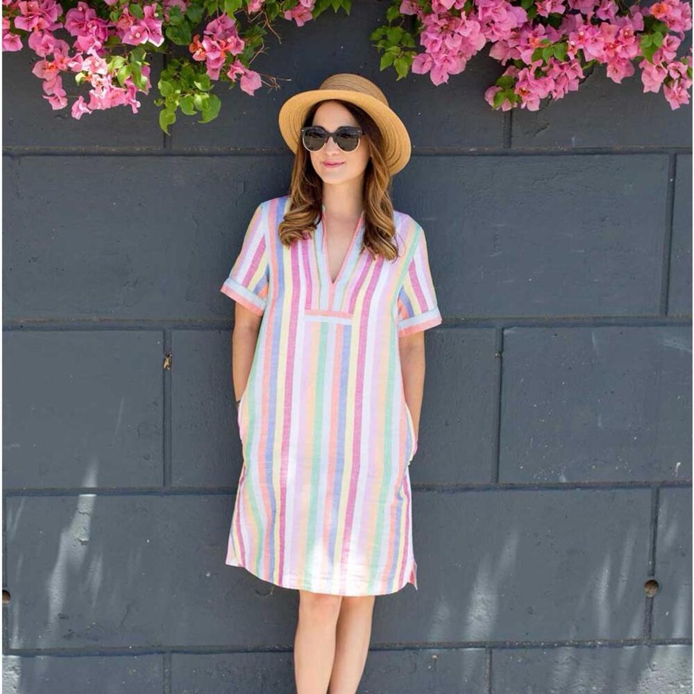 J. Crew Pastel Rainbow Striped Linen Blend Knee Length Shift Dress- Size Small - Picture 2 of 8